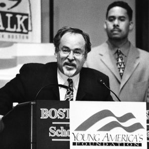 David Horowitz, under a security guard’s watch, speaking about the racist futility of reparations at Boston University — April 2, 2001.