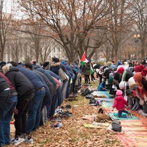 Muslims pray in front of the White House in protest at the Trump administration’s recognition of Jerusalem as the capital of Israel — December 8, 2017. (Mari Matsuri / Agence France-Presse)