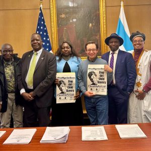 Our triumphant African coalition, including the Reverend Zamani Kafang of Nigeria; Simon Deng, former slave from South Sudan; Dr. Gloria Puldu, representative for current Nigerian slave Leah Sharibu; Chicago alderman Raymond Lopez; Stephen Enada of the International Committee on Nigeria (ICON); and Hacen El Kheir, a Mauritanian abolitionist.